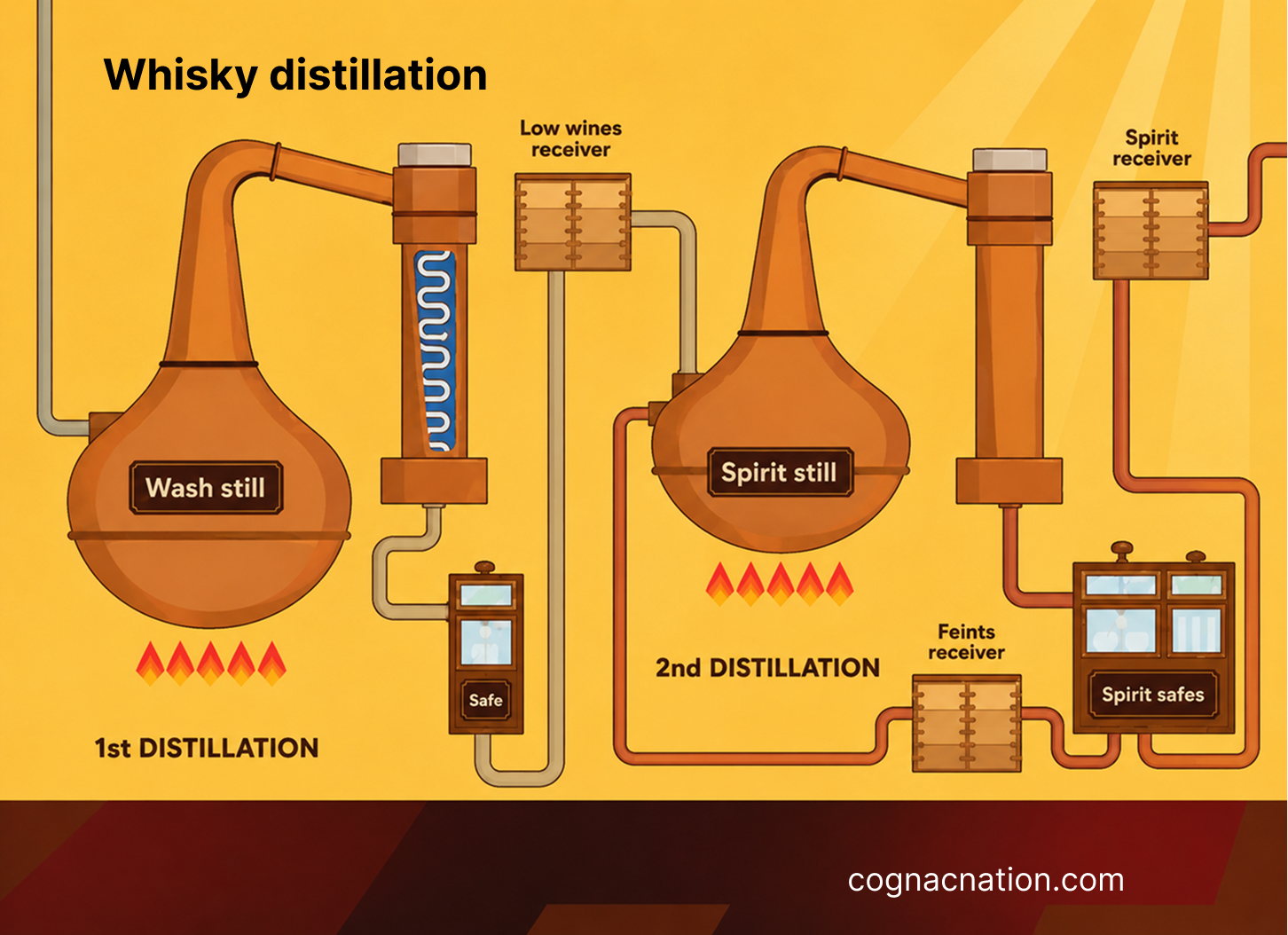 Diagram of whisky distillation with wash still and spirit still